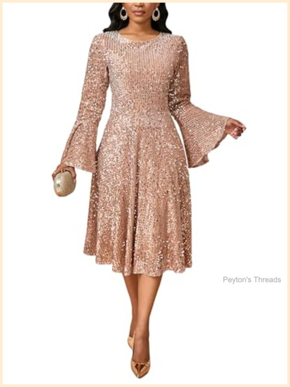 Women's Sequin A-Line Midi Dress Long Bell Sleeve Party Cocktail